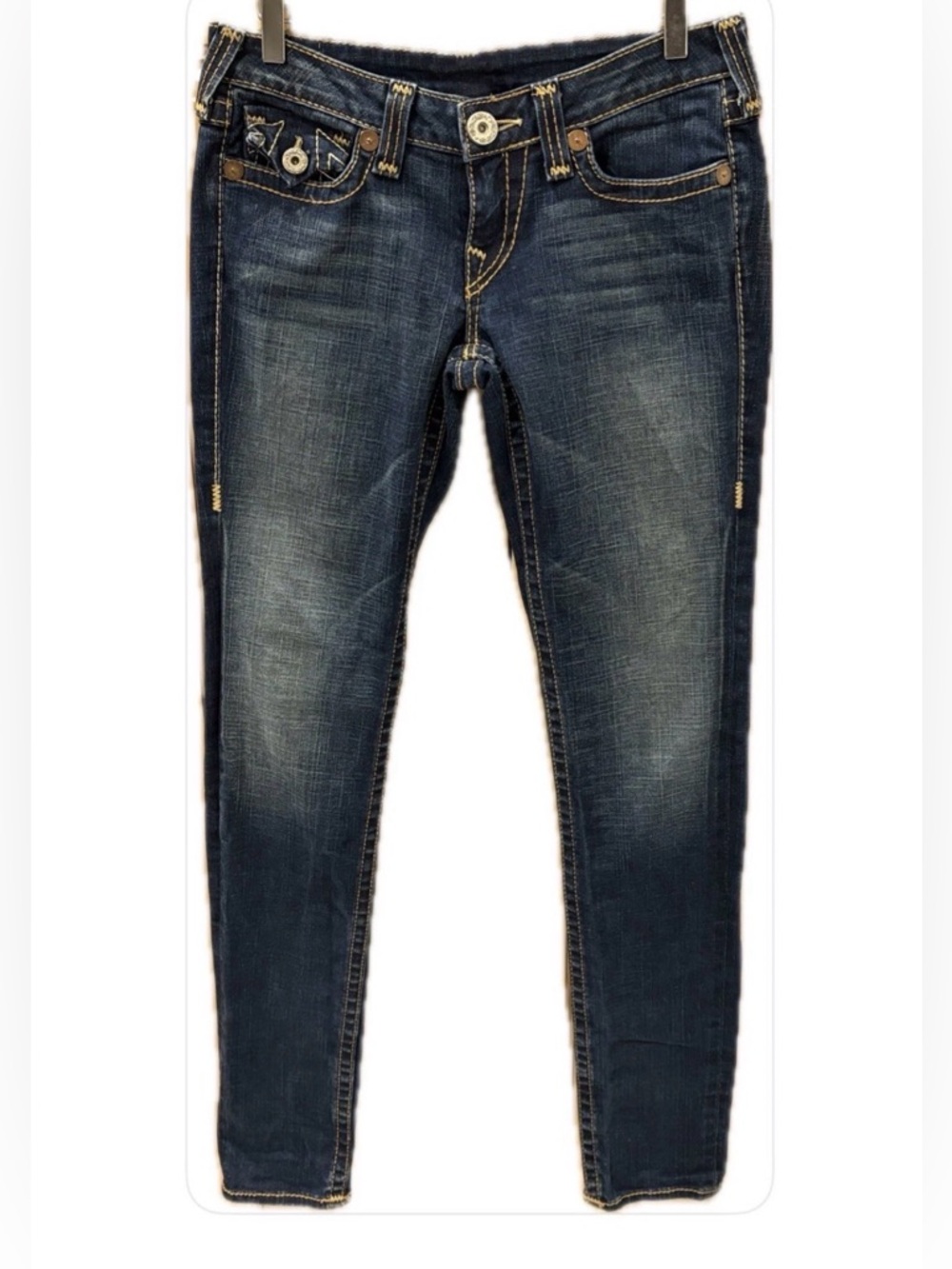 True Religion Vintage Julie Big T Low Rise Slim Leg Flap Pockets Denim Jeans 29